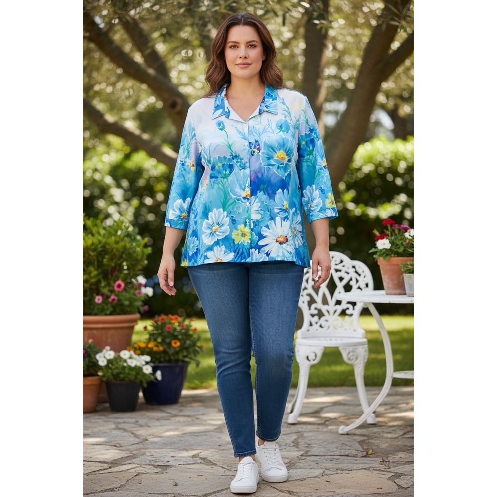 Ali Miles Womens‎ 3X Blue Butterfly Floral Button Up Top NWT Tunic
